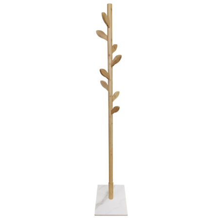 PERCHERO EN MADERA COLOR ROBLE BASE EN CERAMICA  BLANCA.