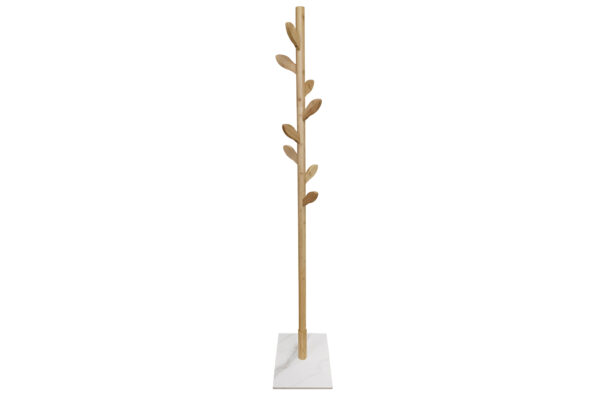 PERCHERO EN MADERA COLOR ROBLE BASE EN CERAMICA BLANCA.